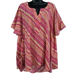 Catherines Aztec Hi-Low Popover Blouse Plus Size 1X Split Neck Kimono Slv Spring